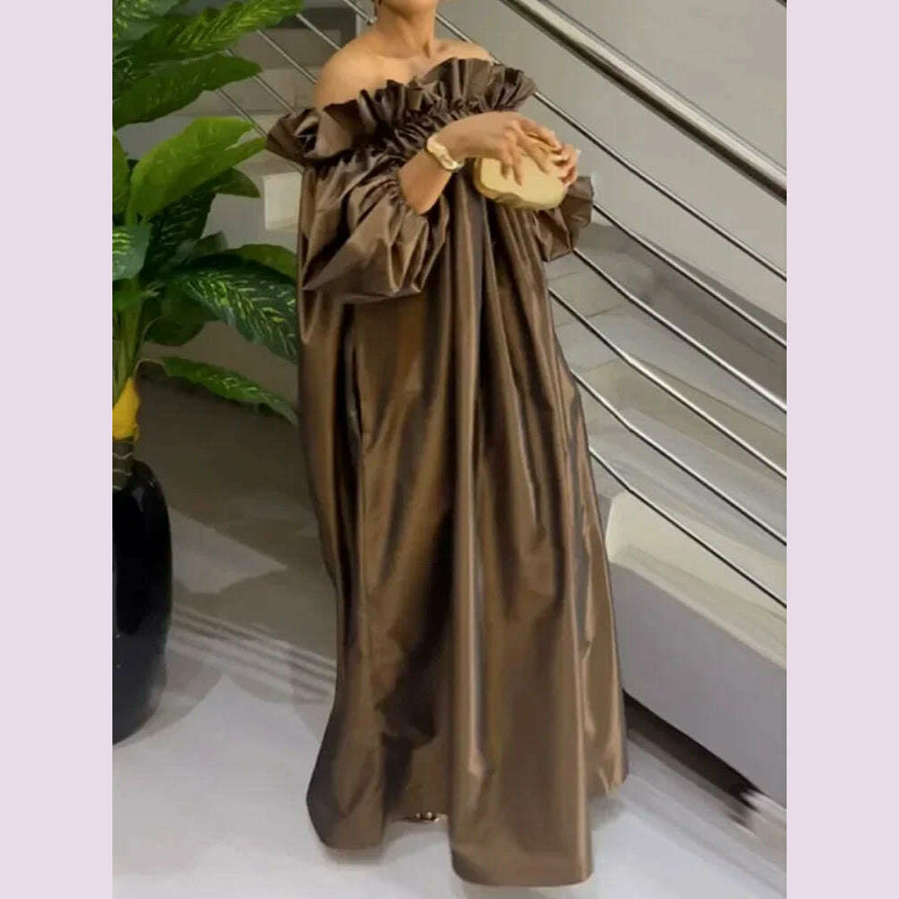 UOOZEE 2025 New Spring Women Fashion Falbala Party Evening Maxi Dresses Puff Sleeve Off-The-Shoulder Loose Pleated Long Dress