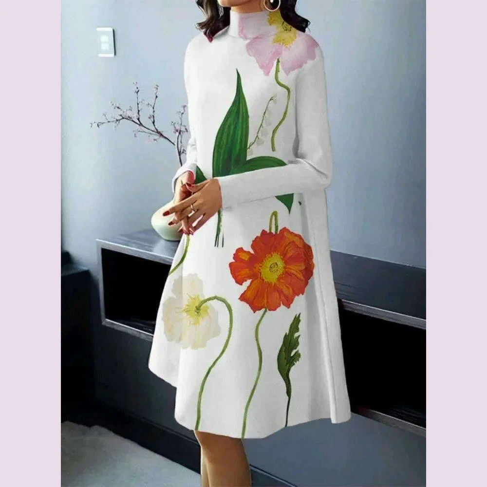 UOOZEE Women British Style High Neck Evening Midi Dresses 2025 New Autumn Flower Printed Long Sleeves Elegant A-line Dress
