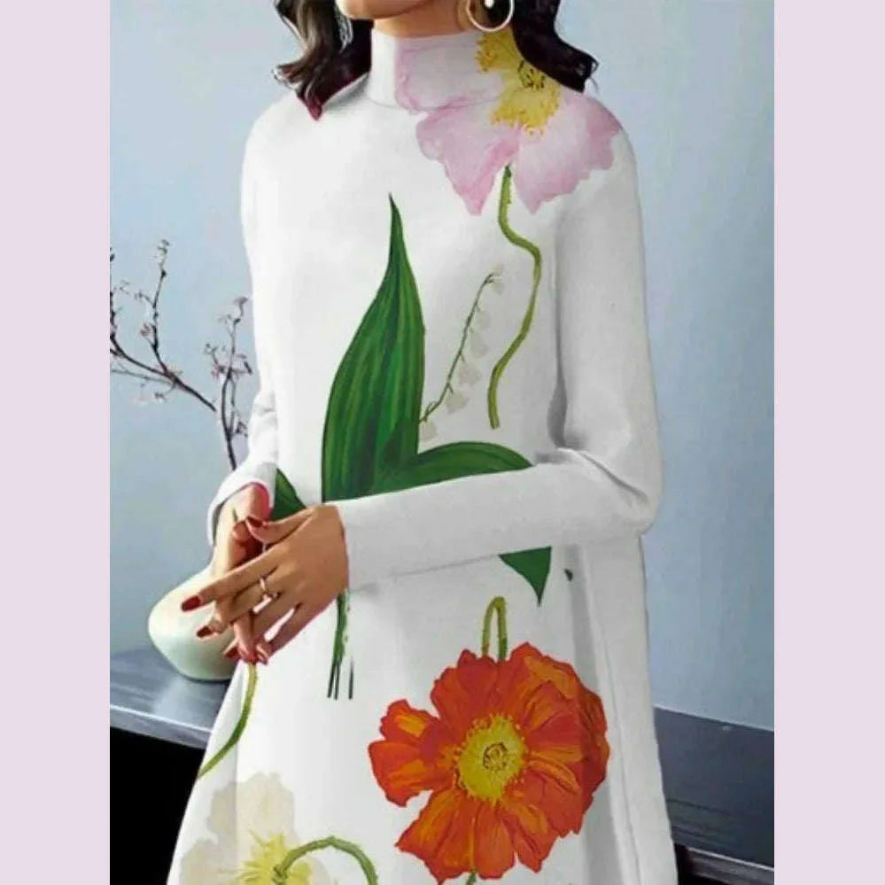UOOZEE Women British Style High Neck Evening Midi Dresses 2025 New Autumn Flower Printed Long Sleeves Elegant A-line Dress