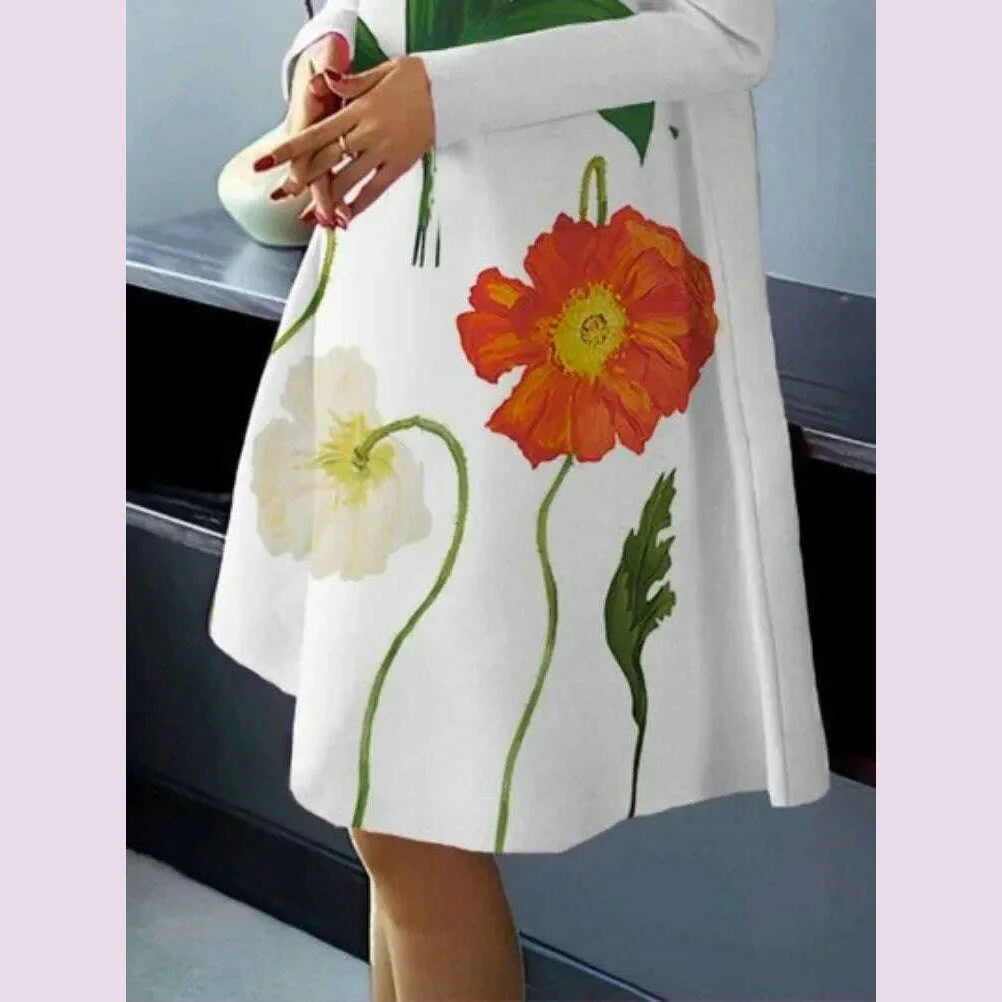 UOOZEE Women British Style High Neck Evening Midi Dresses 2025 New Autumn Flower Printed Long Sleeves Elegant A-line Dress
