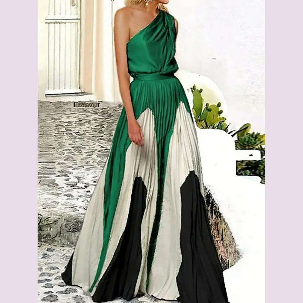 Uoozee Women Fashion Printed Elegant Party Evening Dresses 2024 New Summer Sleeveless One-Shoulder Pleated A-Line Long Dress