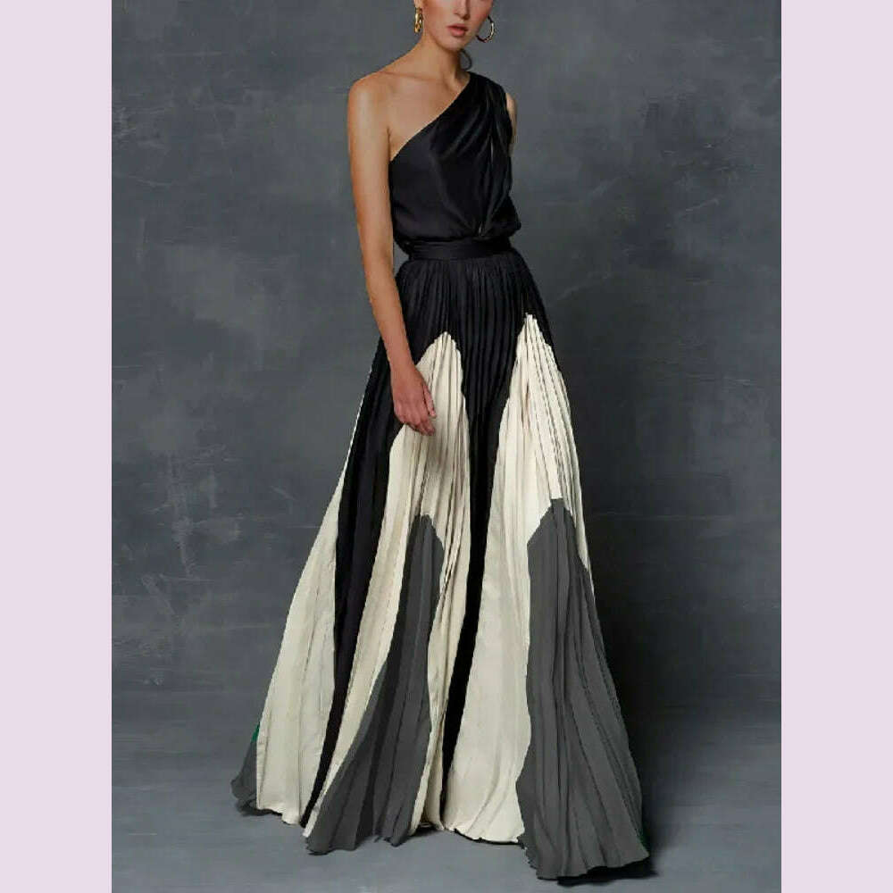 Uoozee Women Fashion Printed Elegant Party Evening Dresses 2024 New Summer Sleeveless One-Shoulder Pleated A-Line Long Dress
