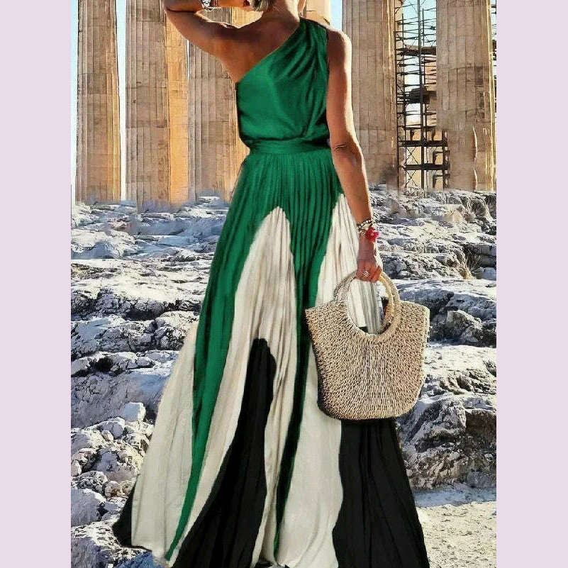 Uoozee Women Fashion Printed Elegant Party Evening Dresses 2024 New Summer Sleeveless One-Shoulder Pleated A-Line Long Dress