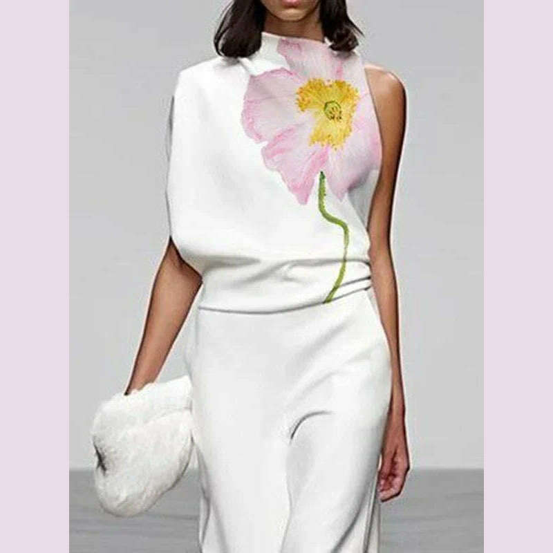 UOOZEE Women's Fashion Floral Printed Sleeveless High Neck Vest Tops & Elastic High Waisted Loose Straight Leg Pants 2024 New