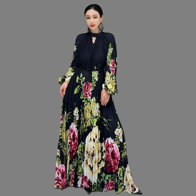 Vefadisa 2023 Autumn Casual Light Luxury Wind Pressure Pleated Waist Long Dress Fashion Printed Small Flower Personalized ZY1923