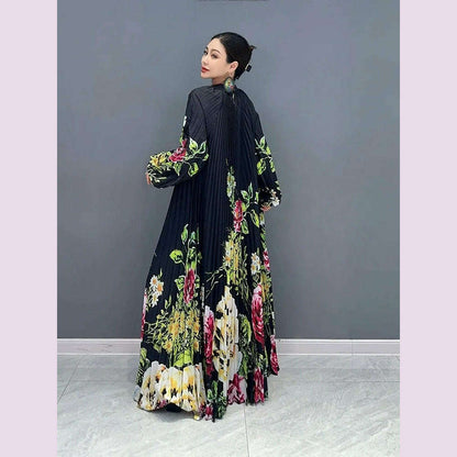 Vefadisa 2023 Autumn Casual Light Luxury Wind Pressure Pleated Waist Long Dress Fashion Printed Small Flower Personalized ZY1923