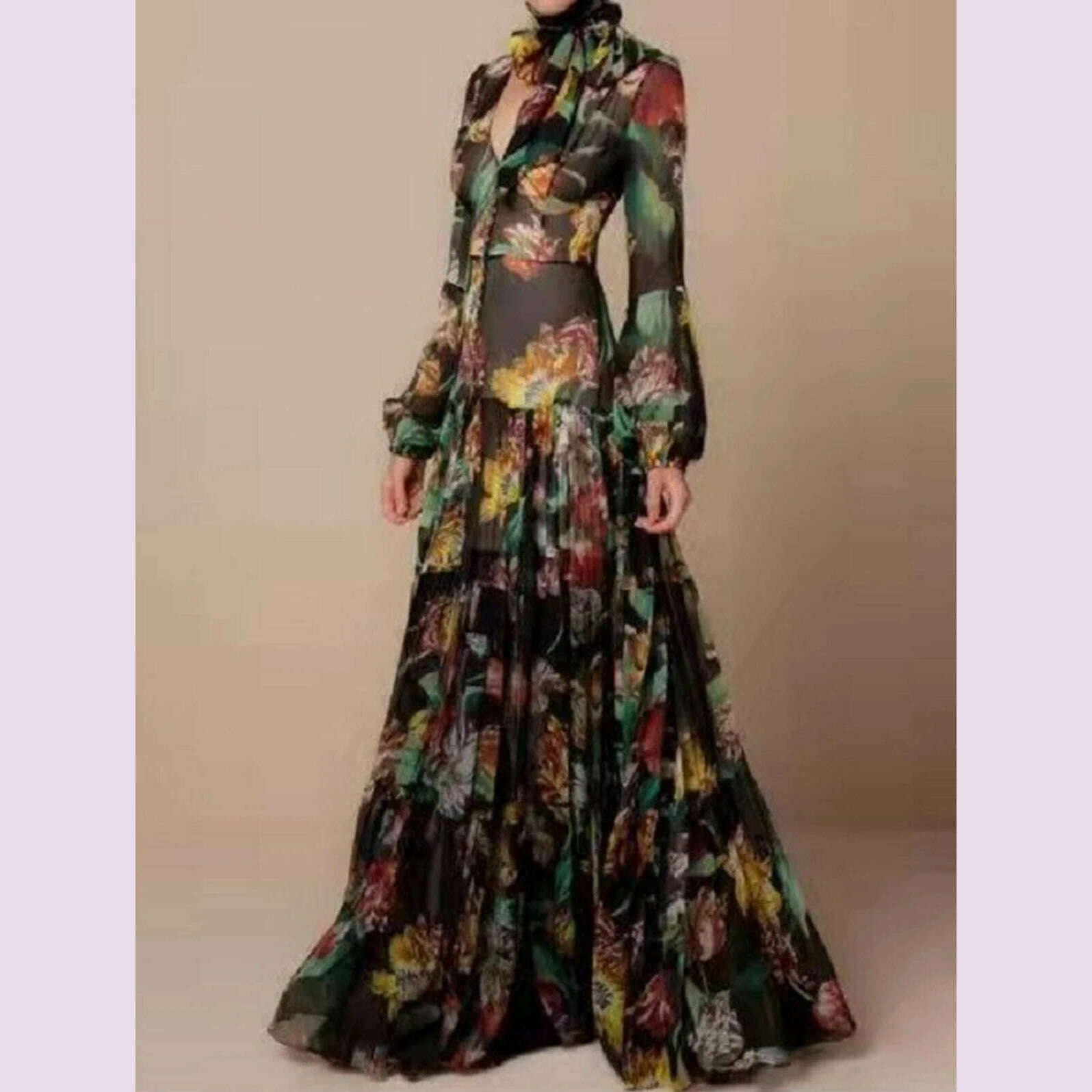 Vestidos Ladies Elegant Floral Print Lantern Long Sleeve Casual Chiffon Dress V-Neck Large Swing Dress New Spring Autumn Dresses