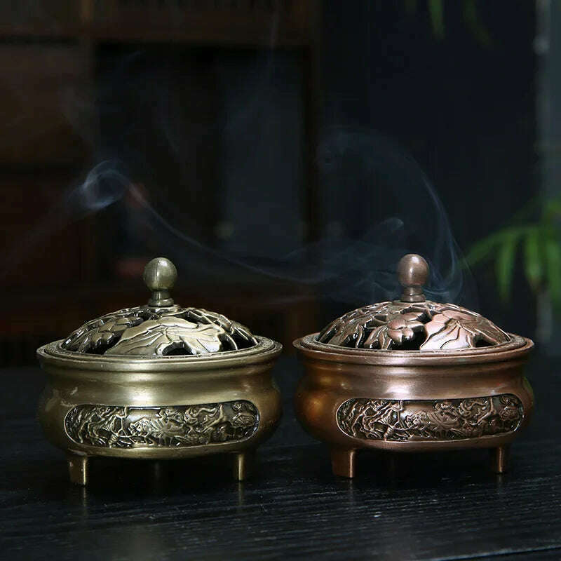 Vintage Brass Lotus Incense Burner Metal Buddhism Buddha Holder Hollow Out Copper Three Legged Sandalwood Censer Home Decoration