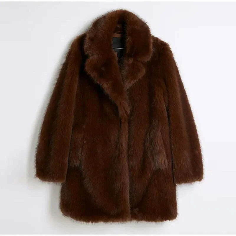Vintage Brown Lapel Imitation Faux Fur Coat Fashion Long Sleeve Pocket Thicken Fluffy Wram Women's Jacket Lady Street Outerwear