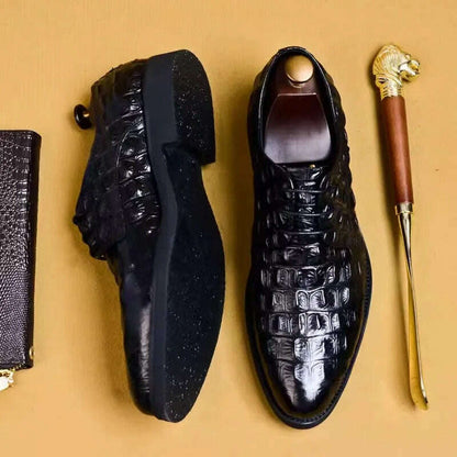 Vintage Business Oxfords for Men Crocodile Print Pointed Toe Lace-Up Leisure Flats Soft Bottom Male Footwear Leather Shoes