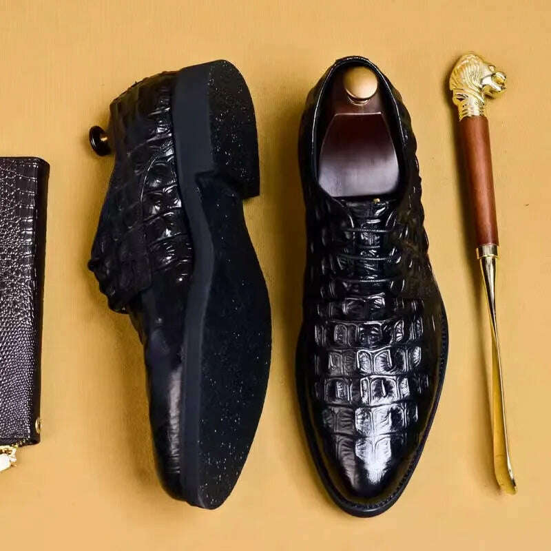 Vintage Business Oxfords for Men Crocodile Print Pointed Toe Lace-Up Leisure Flats Soft Bottom Male Footwear Leather Shoes
