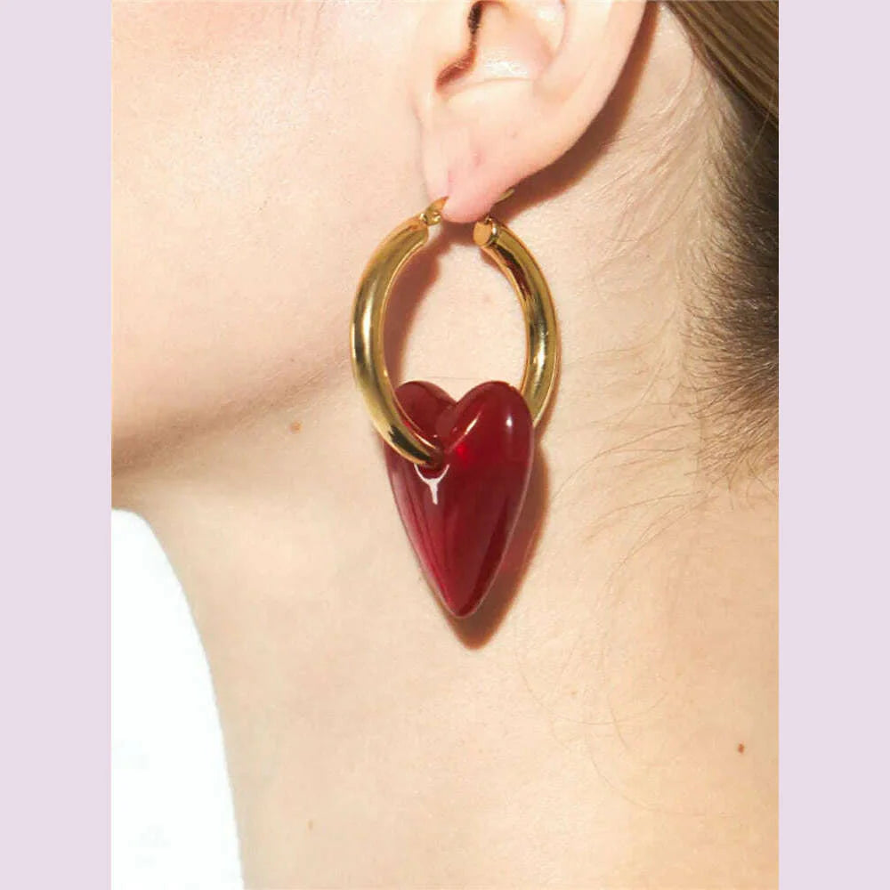 Vintage Red Heart Drop Earrings For Women Personality Big Hoop Earrings Women's Accessories Jewelry