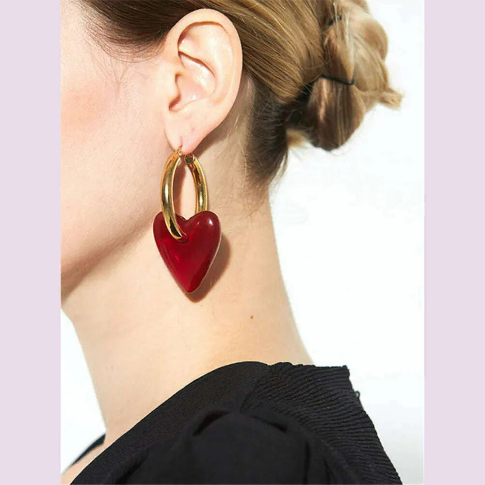 Vintage Red Heart Drop Earrings For Women Personality Big Hoop Earrings Women's Accessories Jewelry