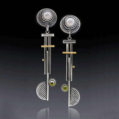 Vintage Round Semicircle Long Bar Pearl Earrings Hip Hop Punk Mechanical Drop Dangle Steampunk Disc Pendant Earrings Jewelry