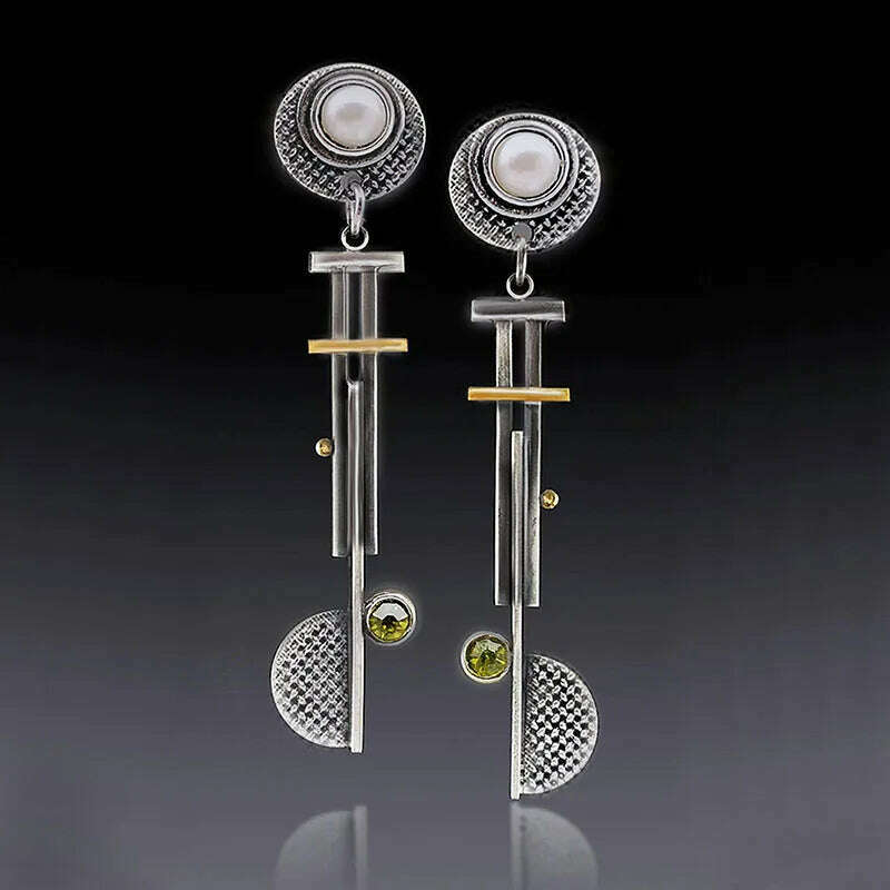 Vintage Round Semicircle Long Bar Pearl Earrings Hip Hop Punk Mechanical Drop Dangle Steampunk Disc Pendant Earrings Jewelry