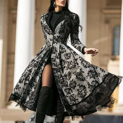 Vintage Women's Dresses Fall Winter Lace Seamed Floral Print Dress Vintage Bodysuit Dress Mid-Century Elegant Dress