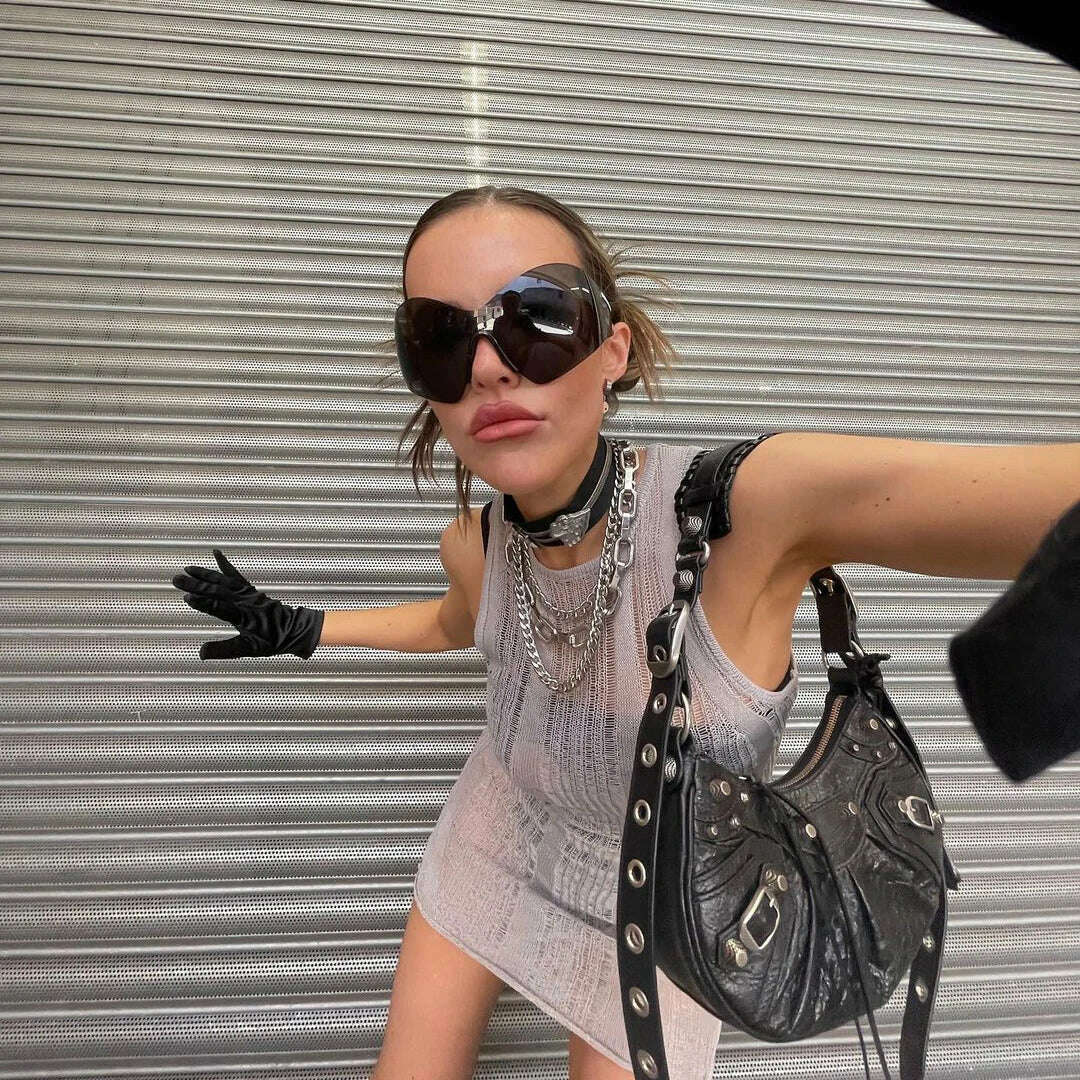 Vintage Y2K Rimless One Piece Sunglasses Women For Men Fashion Luxury Brand Design Oversized Sun Glasses Trend Punk Sport Goggle