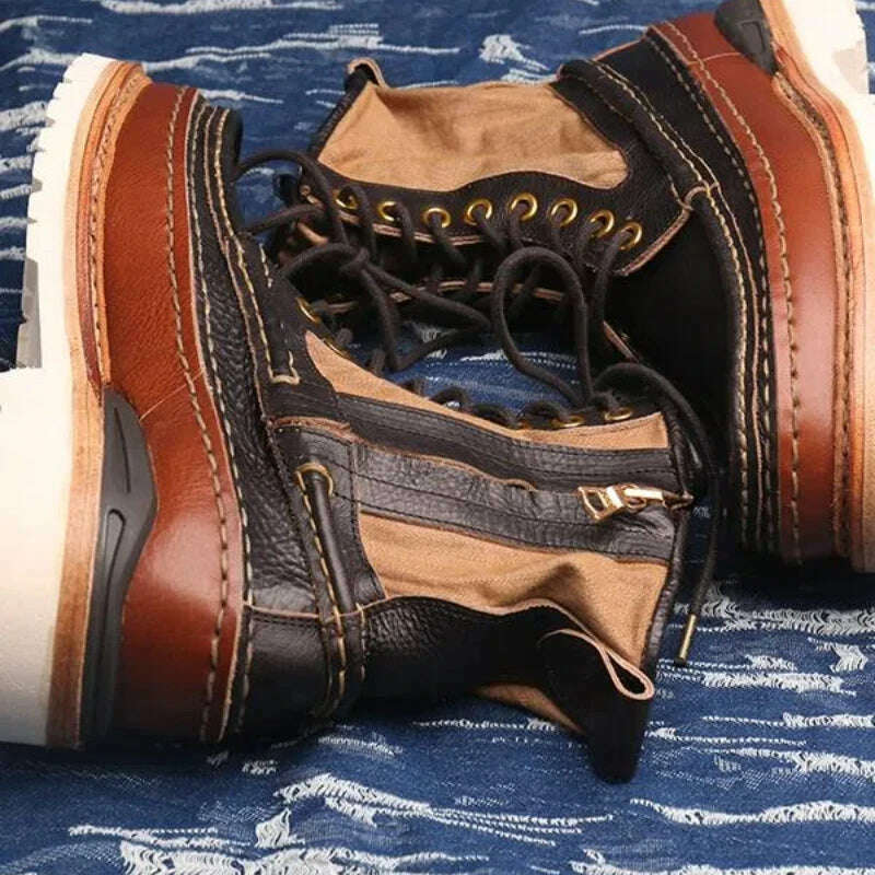 VISVIM Men's Outdoor Hiking Boots Vintage Men's Casual Leather Shoes Thick Sole Boots for Men Hiking Boots