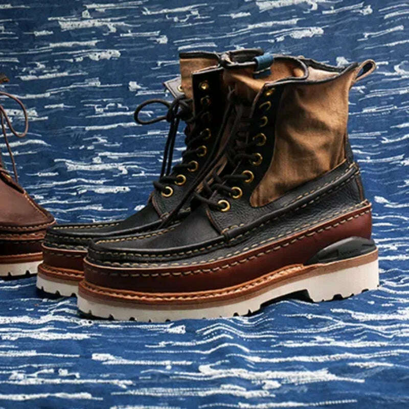 VISVIM Men's Outdoor Hiking Boots Vintage Men's Casual Leather Shoes Thick Sole Boots for Men Hiking Boots