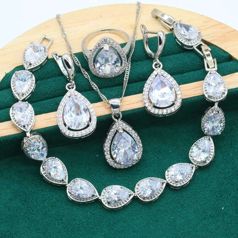 Water Drop  Rainbow Topaz 925 Silver Wedding Jewelry set for Women Party Bracelet Earrings Necklace pendant Ring