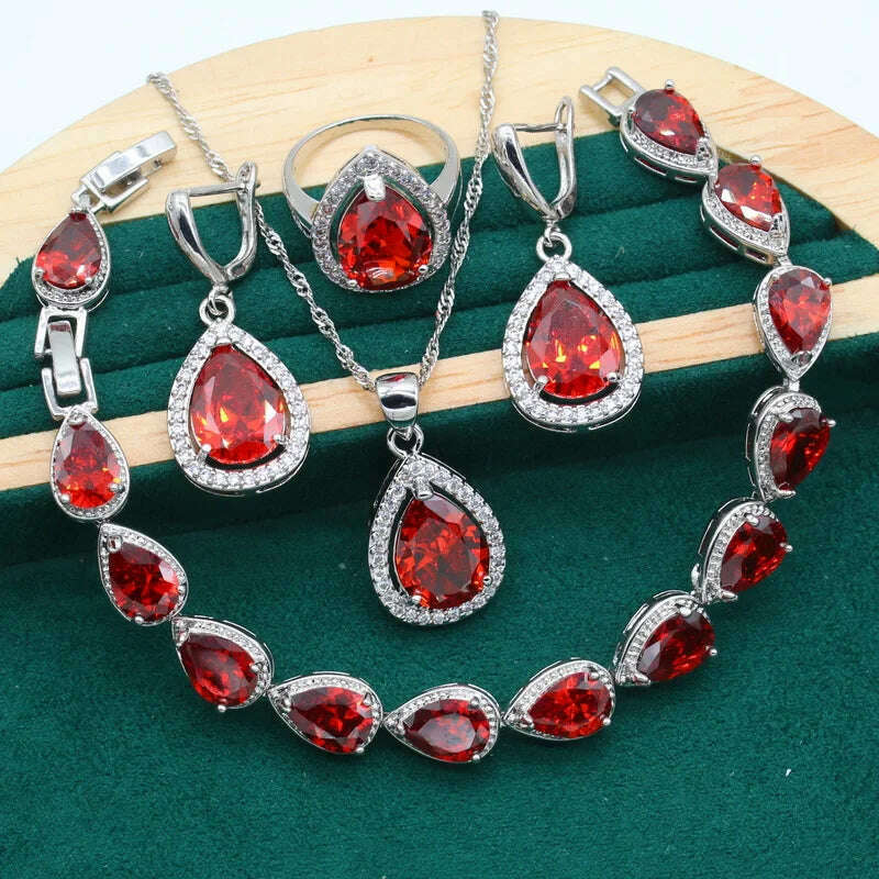 Water Drop  Rainbow Topaz 925 Silver Wedding Jewelry set for Women Party Bracelet Earrings Necklace pendant Ring
