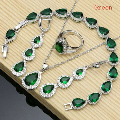 Water Drop Silver 925 Jewelry Red Ruby White Topaz Jewelry Sets Women Long Earrings/Pendant/Necklace/Rings/Bracelet Dropshipping