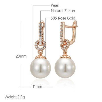 Wbmqda Elegant Pearl Drop Earrings for Women 585 Rose Gold Color With Natural Zircon Luxury Wedding Party Fine Jewelry