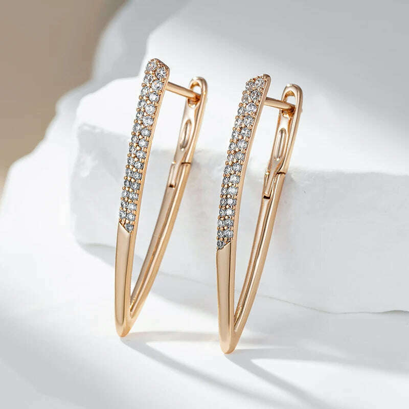 Wbmqda Luxury Fashion V Shape Drop Earrings For Women 585 Rose Gold Color With White Natural Zircon Wedding Party Best Jewelry