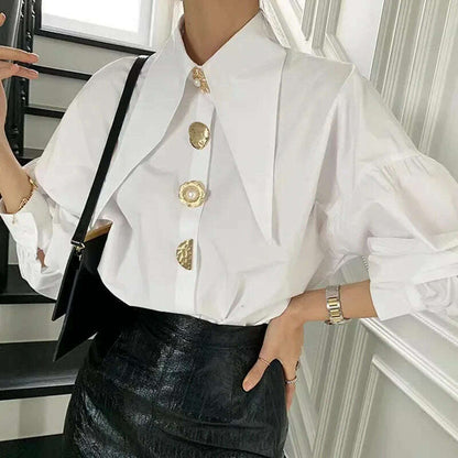 White Elegant Pearl Women Shirts Korean Sharp Corner Collar Loose Long Sleeve Ladies Blouse Y2k Fashion New Chic Female Tops