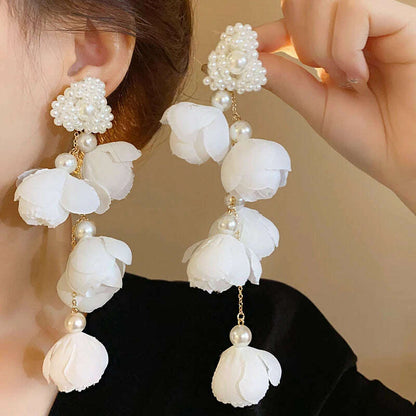 White Flower Long Fringe Earrings Imitation Pearl Crystal Dangle Earrings For Women Girls Fashion Delicate Party Wedding Jewelry