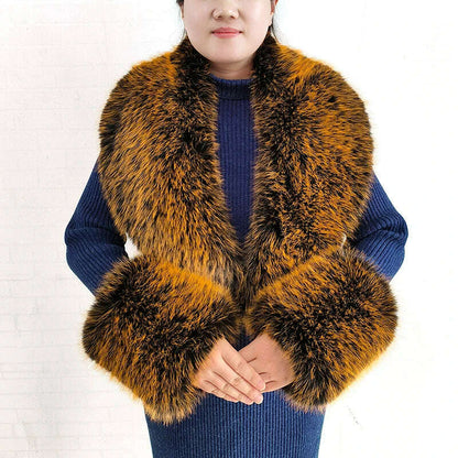 Winter Faux Fur Collar Cuffs Set Women Fluffy Large Shawl Coat Accessories Warm Fashion Fake Fox Fur Scarf Furry Scarves Female