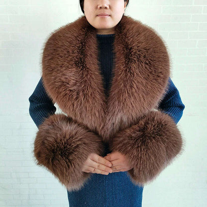 Winter Faux Fur Collar Cuffs Set Women Fluffy Large Shawl Coat Accessories Warm Fashion Fake Fox Fur Scarf Furry Scarves Female
