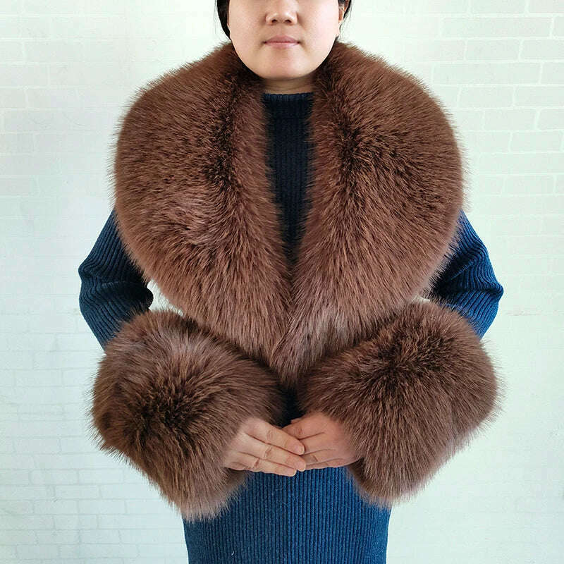 Winter Faux Fur Collar Cuffs Set Women Fluffy Large Shawl Coat Accessories Warm Fashion Fake Fox Fur Scarf Furry Scarves Female