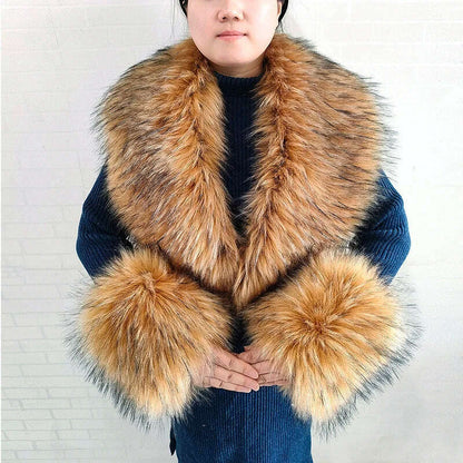 Winter Faux Fur Collar Cuffs Set Women Fluffy Large Shawl Coat Accessories Warm Fashion Fake Fox Fur Scarf Furry Scarves Female