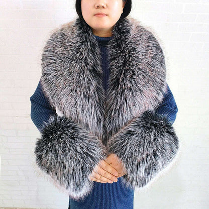 Winter Faux Fur Collar Cuffs Set Women Fluffy Large Shawl Coat Accessories Warm Fashion Fake Fox Fur Scarf Furry Scarves Female