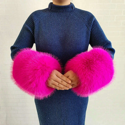 Winter Faux Fur Collar Cuffs Set Women Fluffy Large Shawl Coat Accessories Warm Fashion Fake Fox Fur Scarf Furry Scarves Female