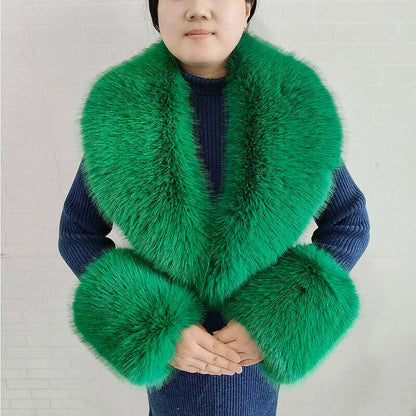 Winter Faux Fur Collar Cuffs Set Women Fluffy Large Shawl Coat Accessories Warm Fashion Fake Fox Fur Scarf Furry Scarves Female