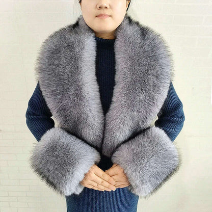 Winter Faux Fur Collar Cuffs Set Women Fluffy Large Shawl Coat Accessories Warm Fashion Fake Fox Fur Scarf Furry Scarves Female