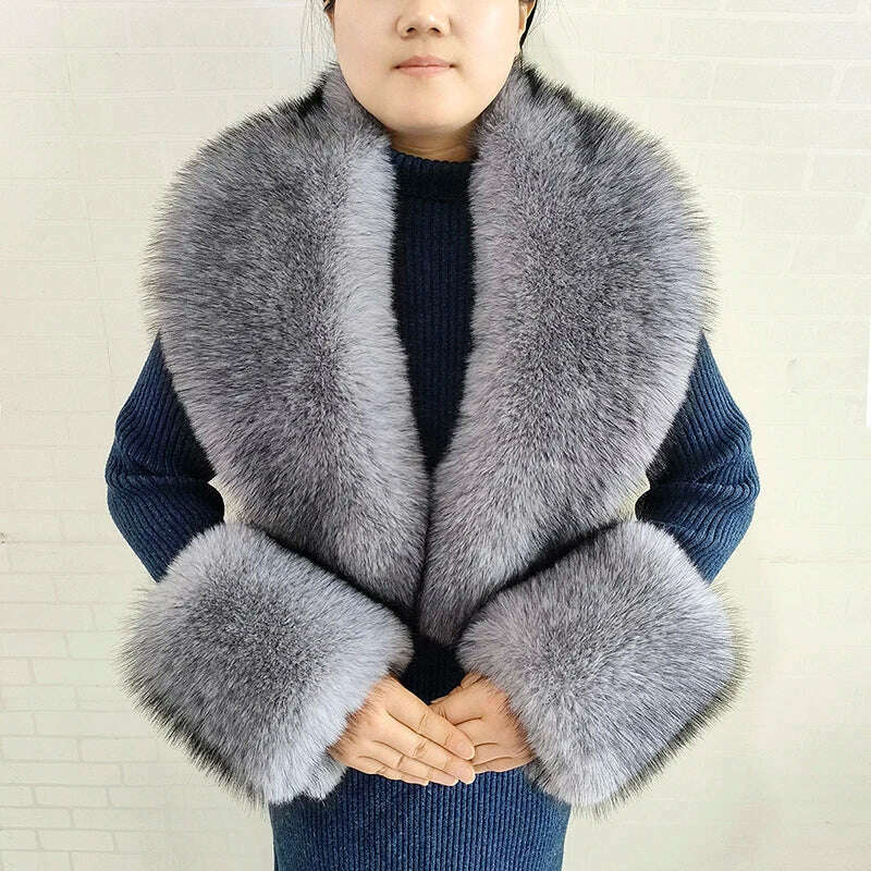 Winter Faux Fur Collar Cuffs Set Women Fluffy Large Shawl Coat Accessories Warm Fashion Fake Fox Fur Scarf Furry Scarves Female