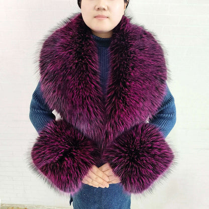 Winter Faux Fur Collar Cuffs Set Women Fluffy Large Shawl Coat Accessories Warm Fashion Fake Fox Fur Scarf Furry Scarves Female
