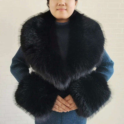 Winter Faux Fur Collar Cuffs Set Women Fluffy Large Shawl Coat Accessories Warm Fashion Fake Fox Fur Scarf Furry Scarves Female