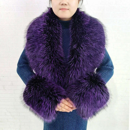 Winter Faux Fur Collar Cuffs Set Women Fluffy Large Shawl Coat Accessories Warm Fashion Fake Fox Fur Scarf Furry Scarves Female