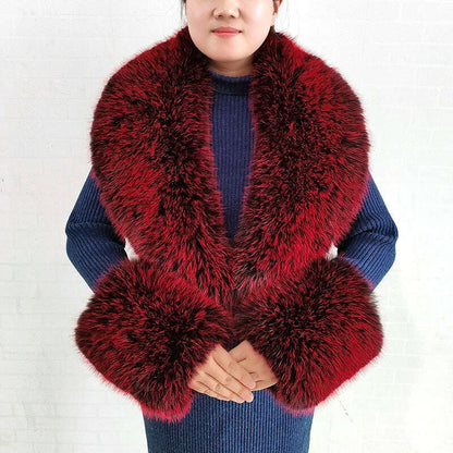 Winter Faux Fur Collar Cuffs Set Women Fluffy Large Shawl Coat Accessories Warm Fashion Fake Fox Fur Scarf Furry Scarves Female