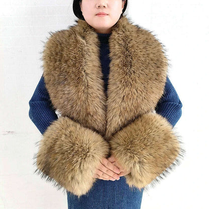 Winter Faux Fur Collar Cuffs Set Women Fluffy Large Shawl Coat Accessories Warm Fashion Fake Fox Fur Scarf Furry Scarves Female