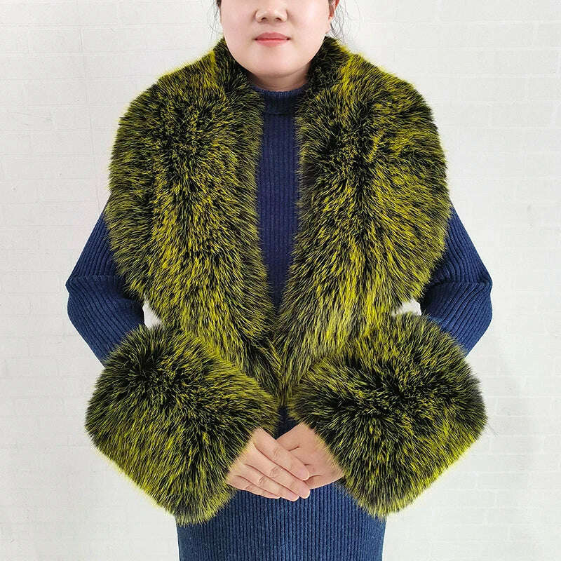 Winter Faux Fur Collar Cuffs Set Women Fluffy Large Shawl Coat Accessories Warm Fashion Fake Fox Fur Scarf Furry Scarves Female