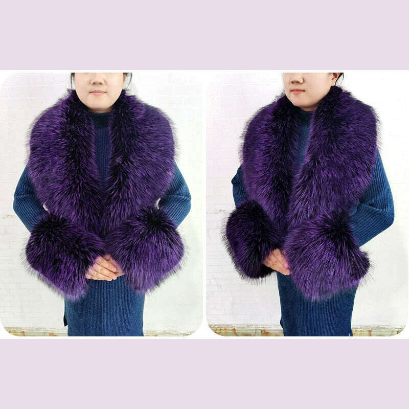 Winter Faux Fur Collar Cuffs Set Women Fluffy Large Shawl Coat Accessories Warm Fashion Fake Fox Fur Scarf Furry Scarves Female