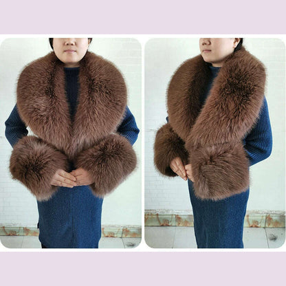 Winter Faux Fur Collar Cuffs Set Women Fluffy Large Shawl Coat Accessories Warm Fashion Fake Fox Fur Scarf Furry Scarves Female