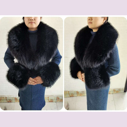 Winter Faux Fur Collar Cuffs Set Women Fluffy Large Shawl Coat Accessories Warm Fashion Fake Fox Fur Scarf Furry Scarves Female