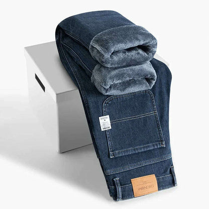 Winter Korean Fashion Brushed Jeans for Men's Thickened Warm Elastic Slim Comfortable Straight Fleece Denim Trousers