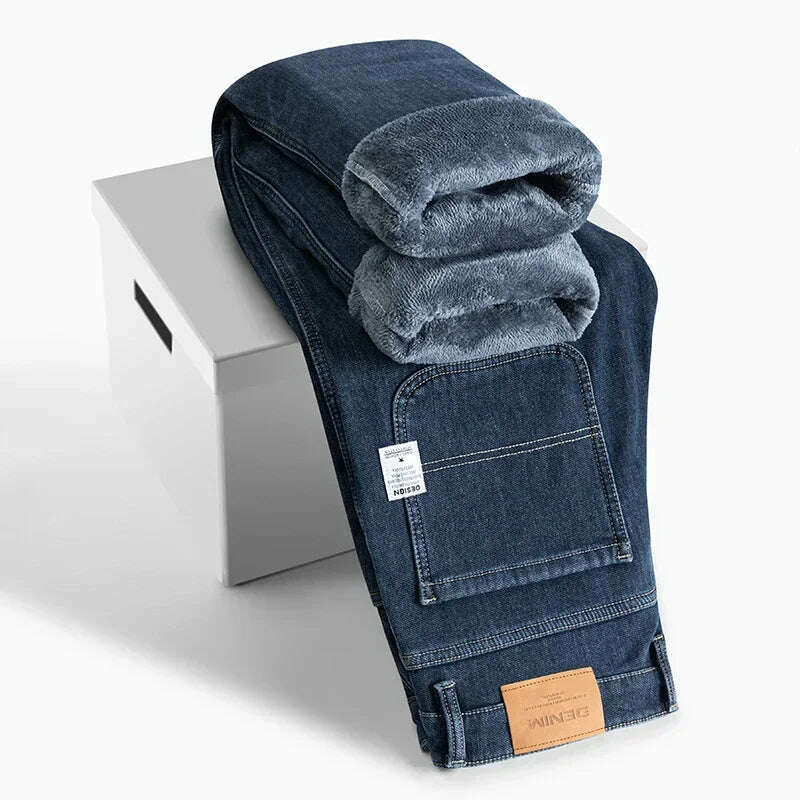 Winter Korean Fashion Brushed Jeans for Men's Thickened Warm Elastic Slim Comfortable Straight Fleece Denim Trousers